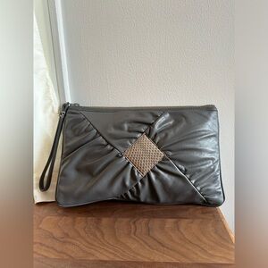 Vintage Grey Leather Clutch/Wristlet with Diamond Accent